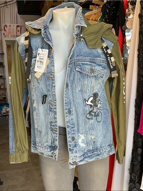Desigual Light Blue Denim Jacket with Olive Green Sleeves